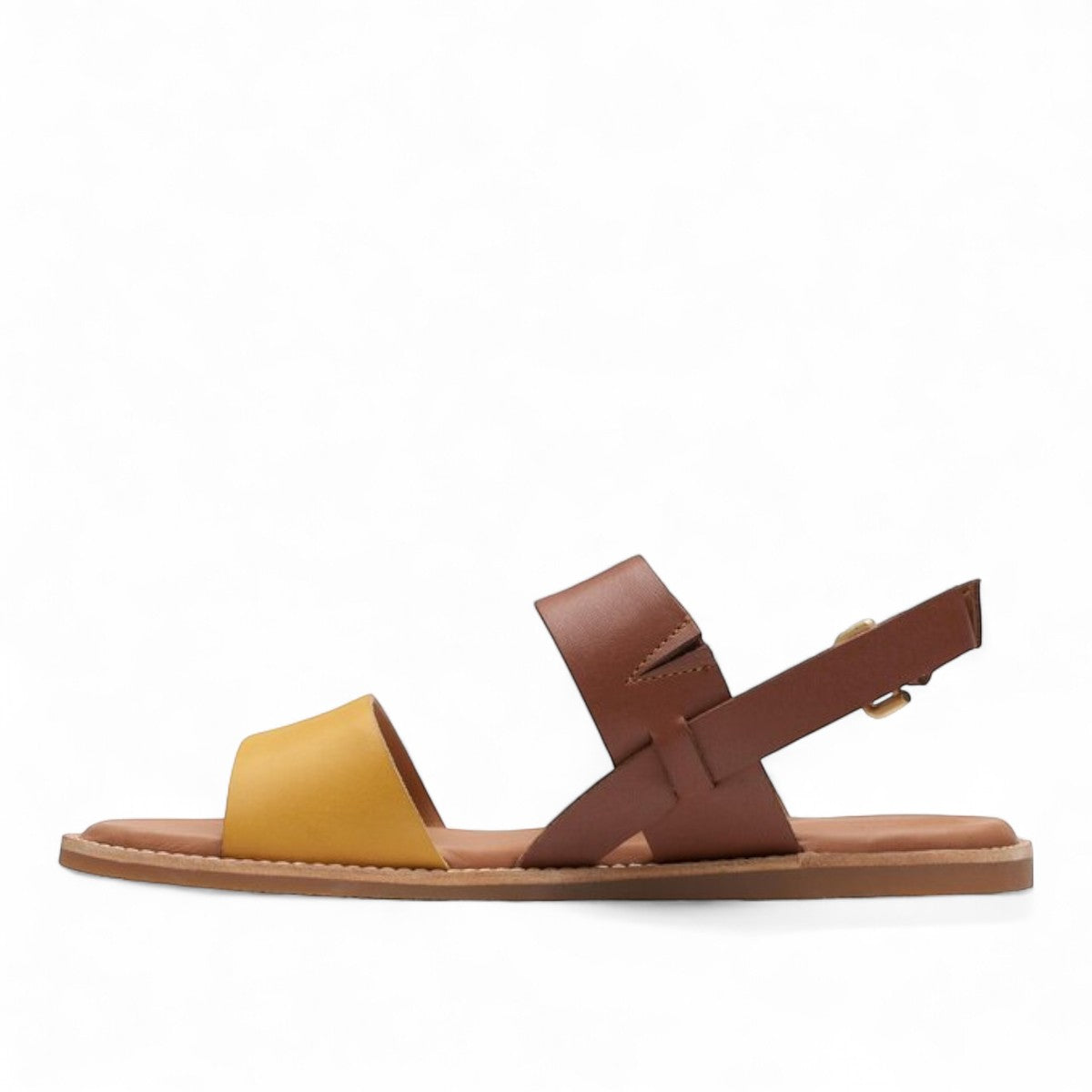 Clarks Karsea Strap tan and yellow leather sandals with adjustable buckle and cushioned footbed. left view.