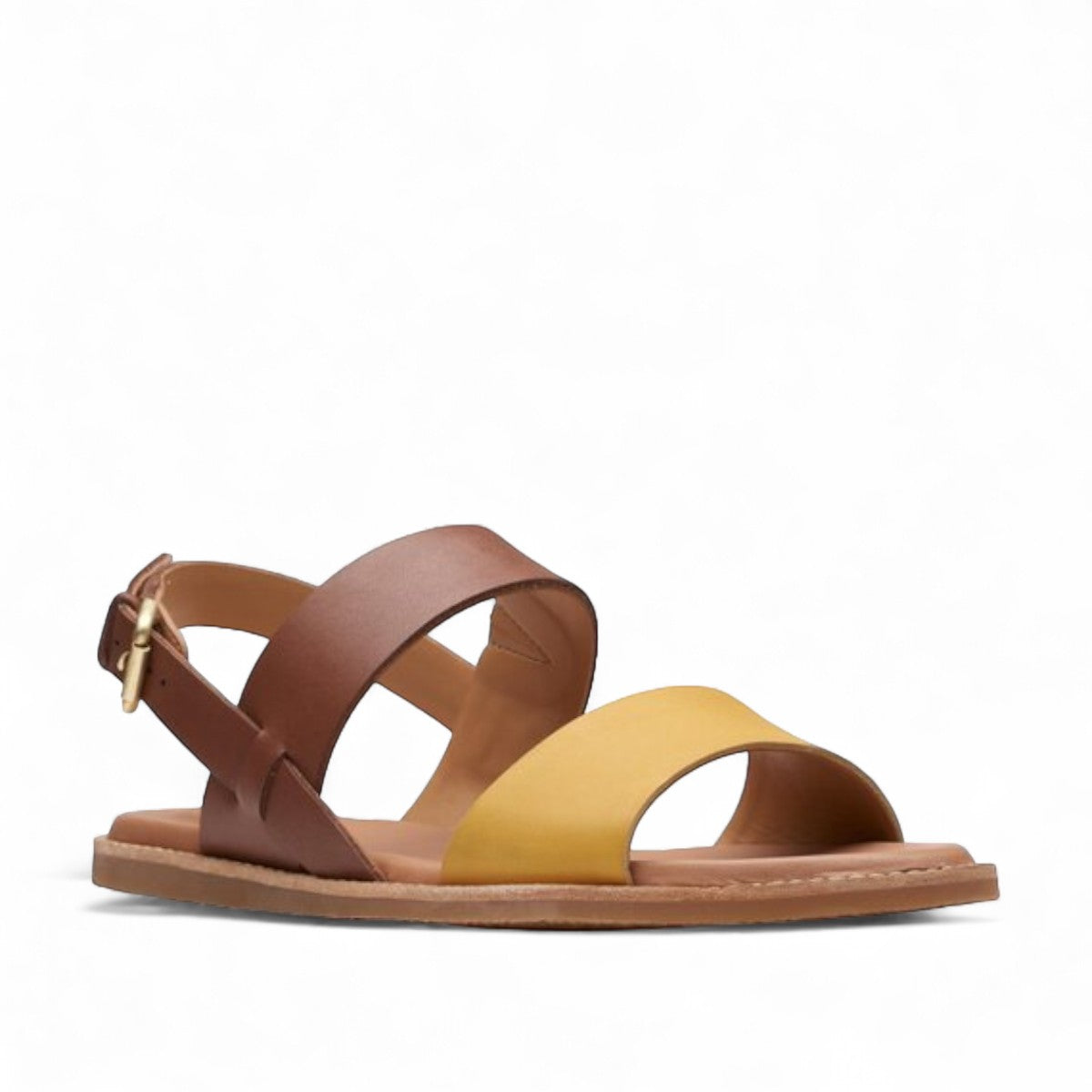Clarks Karsea Strap tan and yellow leather sandals with adjustable buckle and cushioned footbed. front view.