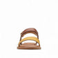 Clarks Karsea Strap tan and yellow leather sandals with adjustable buckle and cushioned footbed. front view.