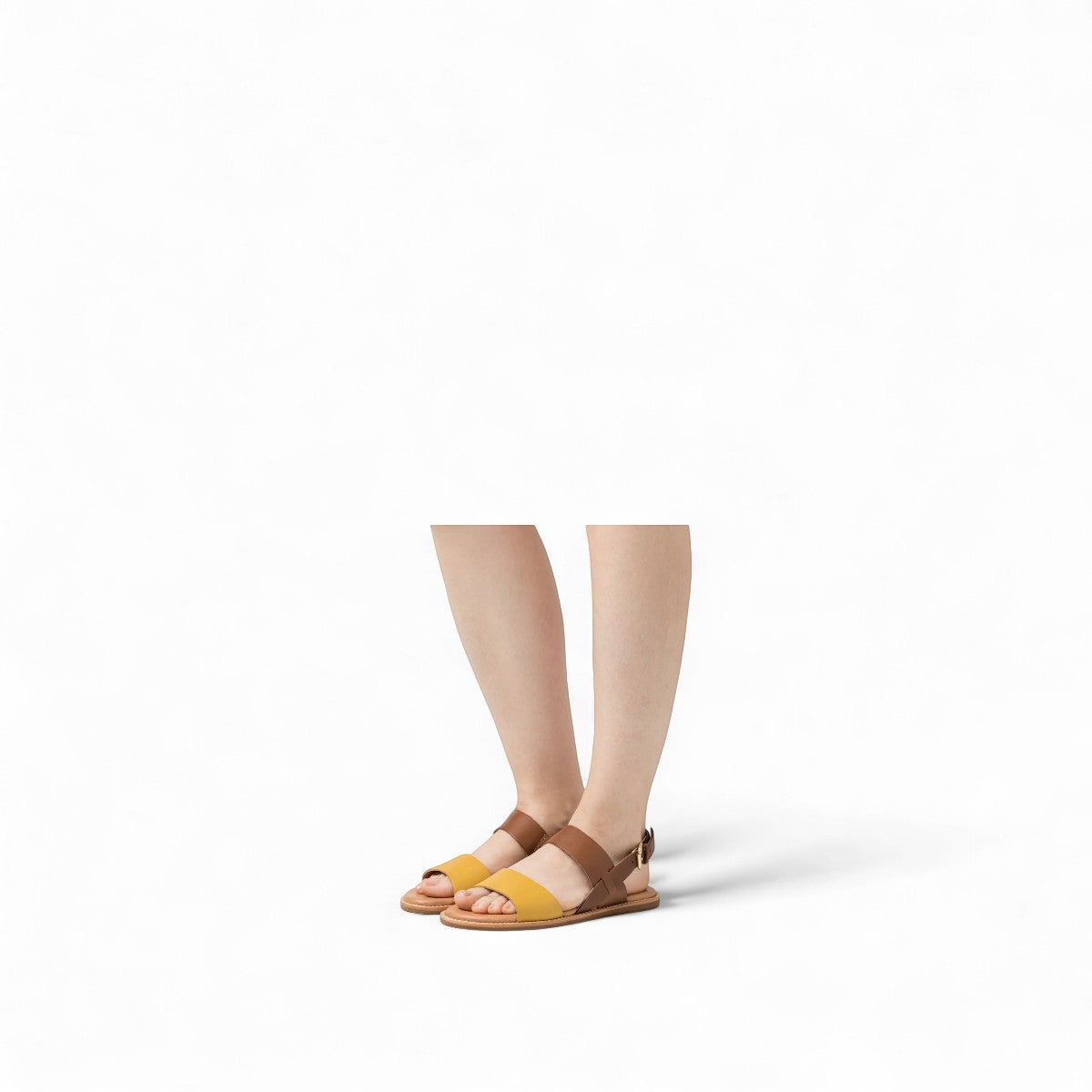 Clarks Karsea Strap tan and yellow leather sandals with adjustable buckle and cushioned footbed. front view.