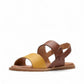 Clarks Karsea Strap tan and yellow leather sandals with adjustable buckle and cushioned footbed. front view.