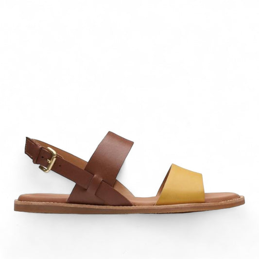 Clarks Karsea Strap tan and yellow leather sandals with adjustable buckle and cushioned footbed. right view.