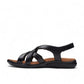 Clarks Kitly Go black leather strappy sandals with adjustable straps and a cushioned footbed. left view.