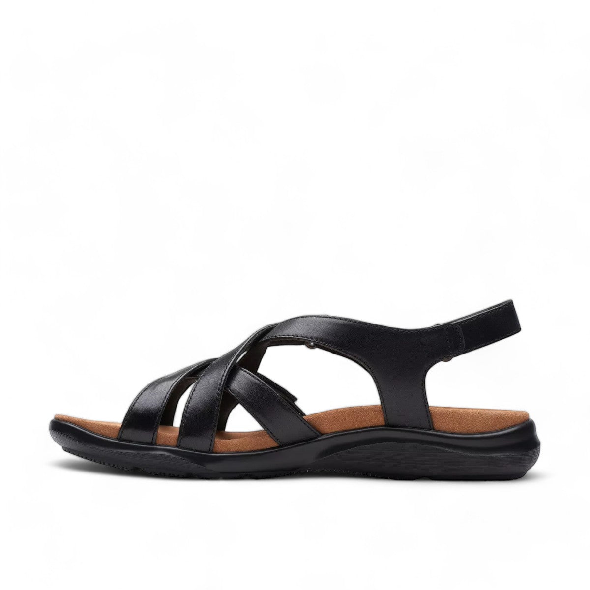 Clarks Kitly Go black leather strappy sandals with adjustable straps and a cushioned footbed. left view.