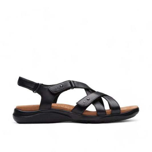 Clarks Kitly Go black leather strappy sandals with adjustable straps and a cushioned footbed. right view.