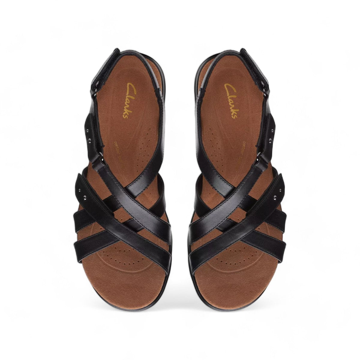 Clarks Kitly Go black leather strappy sandals with adjustable straps and a cushioned footbed. top view.