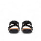 Clarks Kitly Go black leather strappy sandals with adjustable straps and a cushioned footbed. back view.