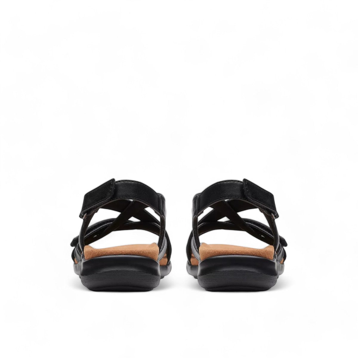 Clarks Kitly Go black leather strappy sandals with adjustable straps and a cushioned footbed. back view.