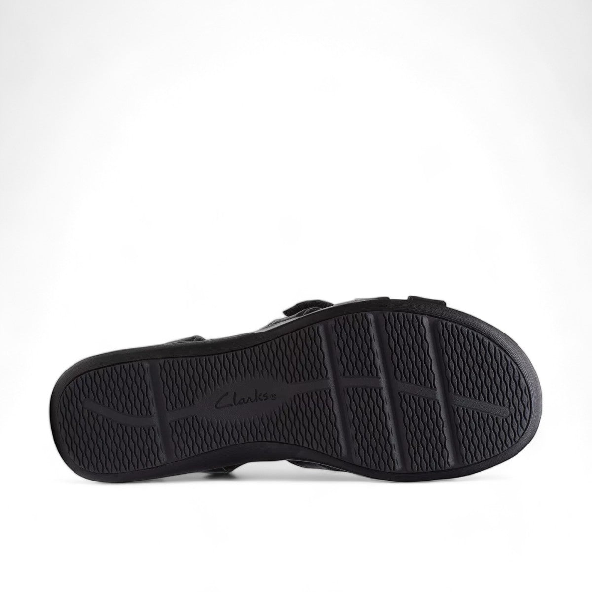 Clarks Kitly Go black leather strappy sandals with adjustable straps and a cushioned footbed. bottom view.