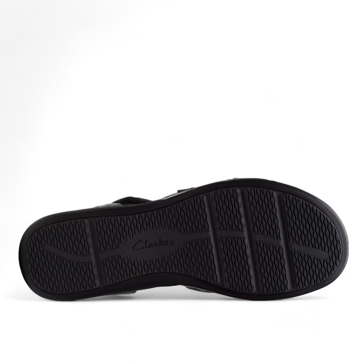 Clarks Kitly Step black leather strappy sandals with adjustable straps and cushioned footbed. bottom view