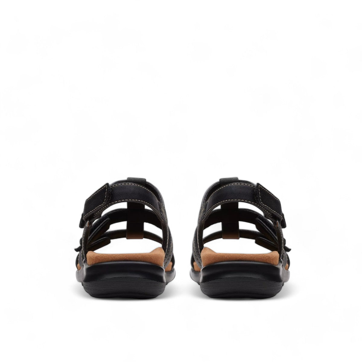 Clarks Kitly Step black leather strappy sandals with adjustable straps and cushioned footbed. back view