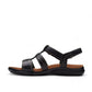 Clarks Kitly Step black leather strappy sandals with adjustable straps and cushioned footbed. left view.