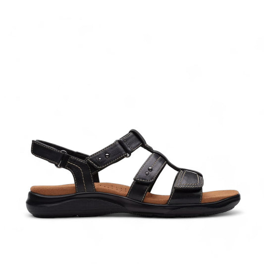 Clarks Kitly Step black leather strappy sandals with adjustable straps and cushioned footbed. right view.