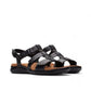 Clarks Kitly Step black leather strappy sandals with adjustable straps and cushioned footbed. front view.