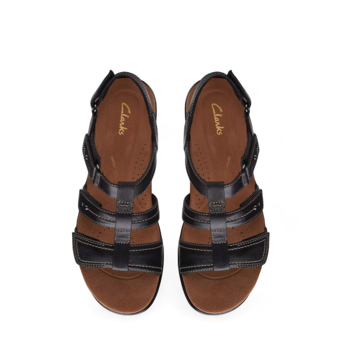 Clarks Kitly Step black leather strappy sandals with adjustable straps and cushioned footbed. top view