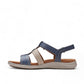 Clarks Kitly Step sandals in blue and cream leather with adjustable straps and cushioned footbed. left view.