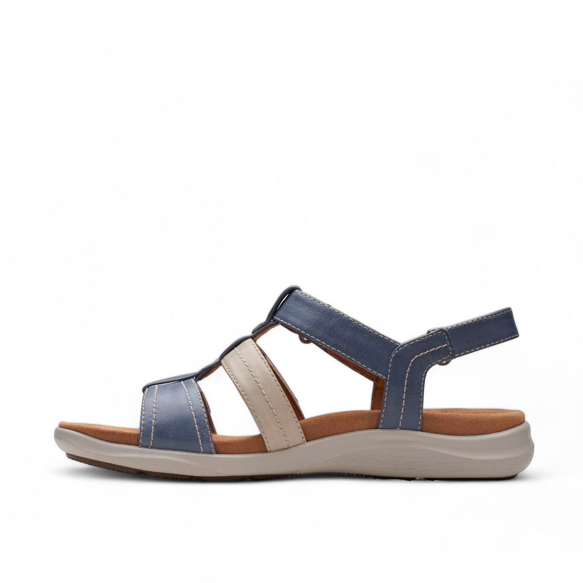Clarks Kitly Step sandals in blue and cream leather with adjustable straps and cushioned footbed. left view.