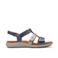 Clarks Kitly Step sandals in blue and cream leather with adjustable straps and cushioned footbed. right view.