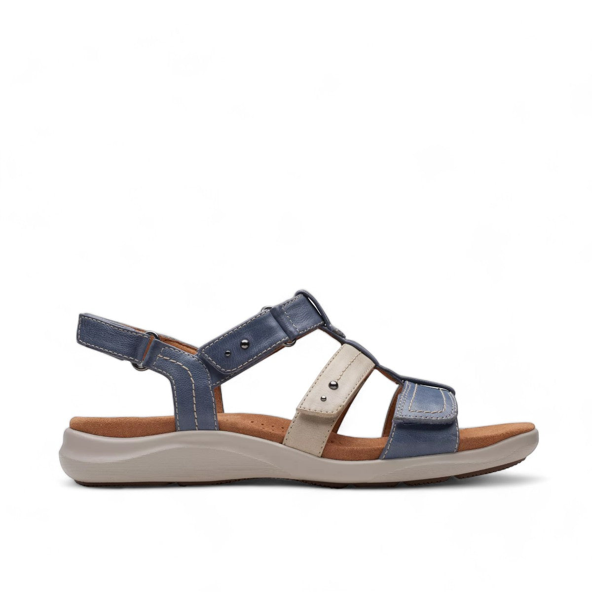 Clarks Kitly Step sandals in blue and cream leather with adjustable straps and cushioned footbed. right view.