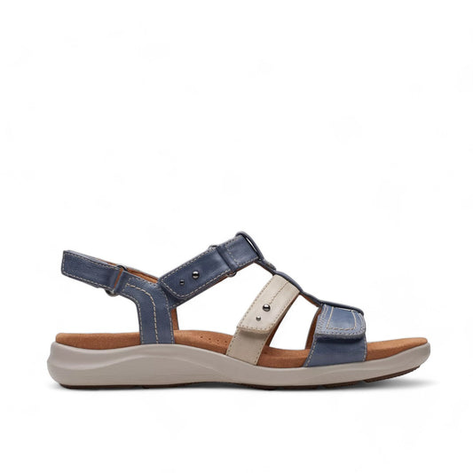 Clarks Kitly Step sandals in blue and cream leather with adjustable straps and cushioned footbed. right view.