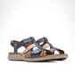 Clarks Kitly Step sandals in blue and cream leather with adjustable straps and cushioned footbed. front view.