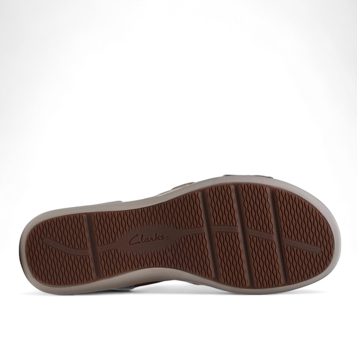 Clarks Kitly Step sandals in blue and cream leather with adjustable straps and cushioned footbed. bottom view.