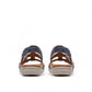 Clarks Kitly Step sandals in blue and cream leather with adjustable straps and cushioned footbed. back view