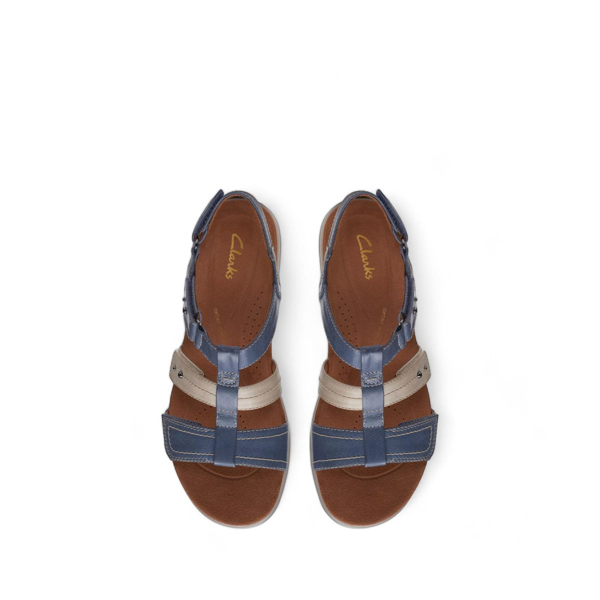 Clarks Kitly Step sandals in blue and cream leather with adjustable straps and cushioned footbed. top view.