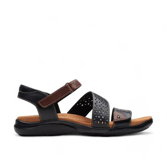 Clarks Kitly Way black leather sandal with laser-cut details, adjustable straps, and cushioned footbed. right view.
