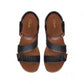 Clarks Kitly Way black leather sandal with laser-cut details, adjustable straps, and cushioned footbed. top view.
