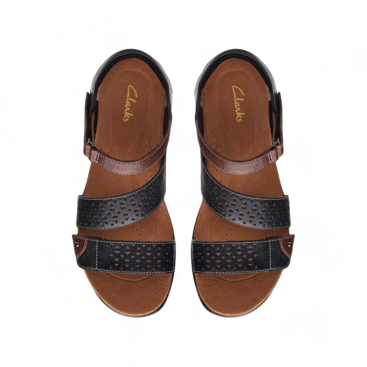 Clarks Kitly Way black leather sandal with laser-cut details, adjustable straps, and cushioned footbed. top view.
