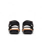 Clarks Kitly Way black leather sandal with laser-cut details, adjustable straps, and cushioned footbed. back view.