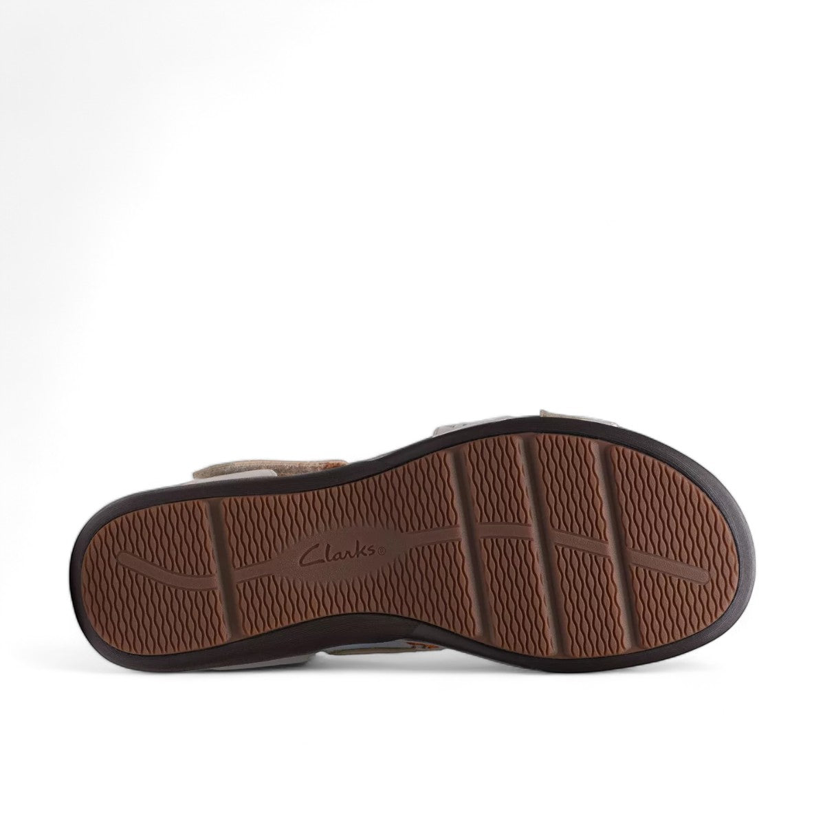 Clarks Kitly Way white leather sandal with laser-cut details, adjustable straps, and cushioned footbed. bottom view.