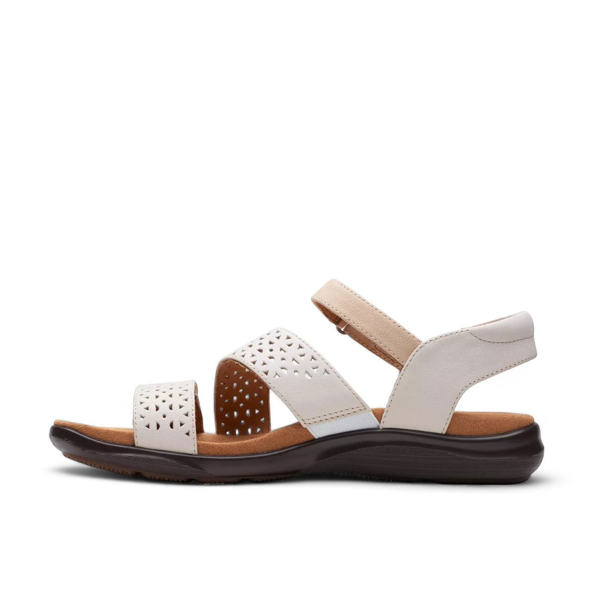 Clarks Kitly Way white leather sandal with laser-cut details, adjustable straps, and cushioned footbed. left view.