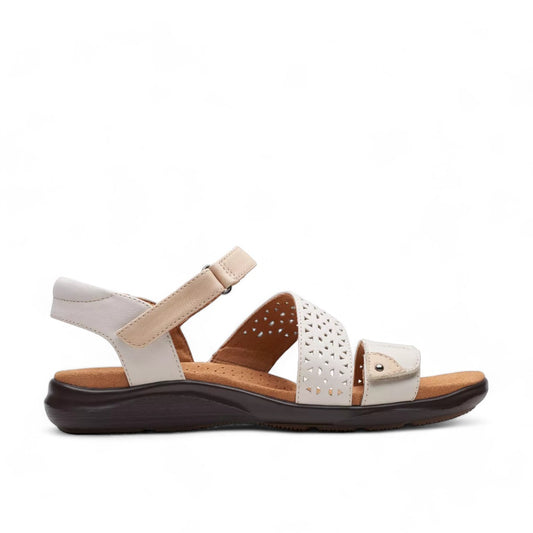 Clarks Kitly Way white leather sandal with laser-cut details, adjustable straps, and cushioned footbed. right view.
