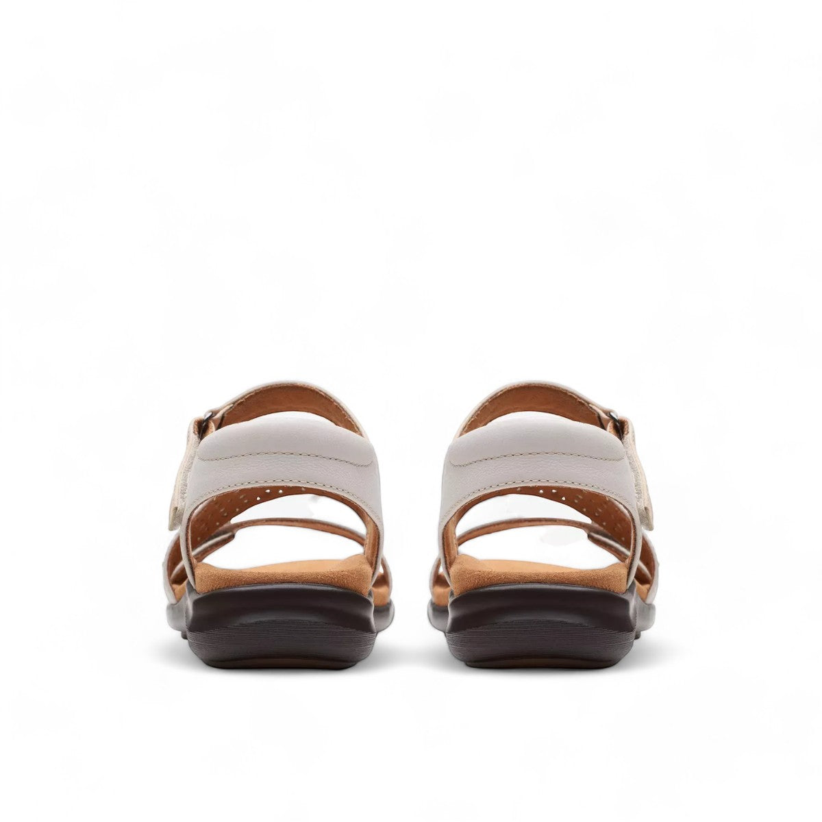 Clarks Kitly Way white leather sandal with laser-cut details, adjustable straps, and cushioned footbed. back view.