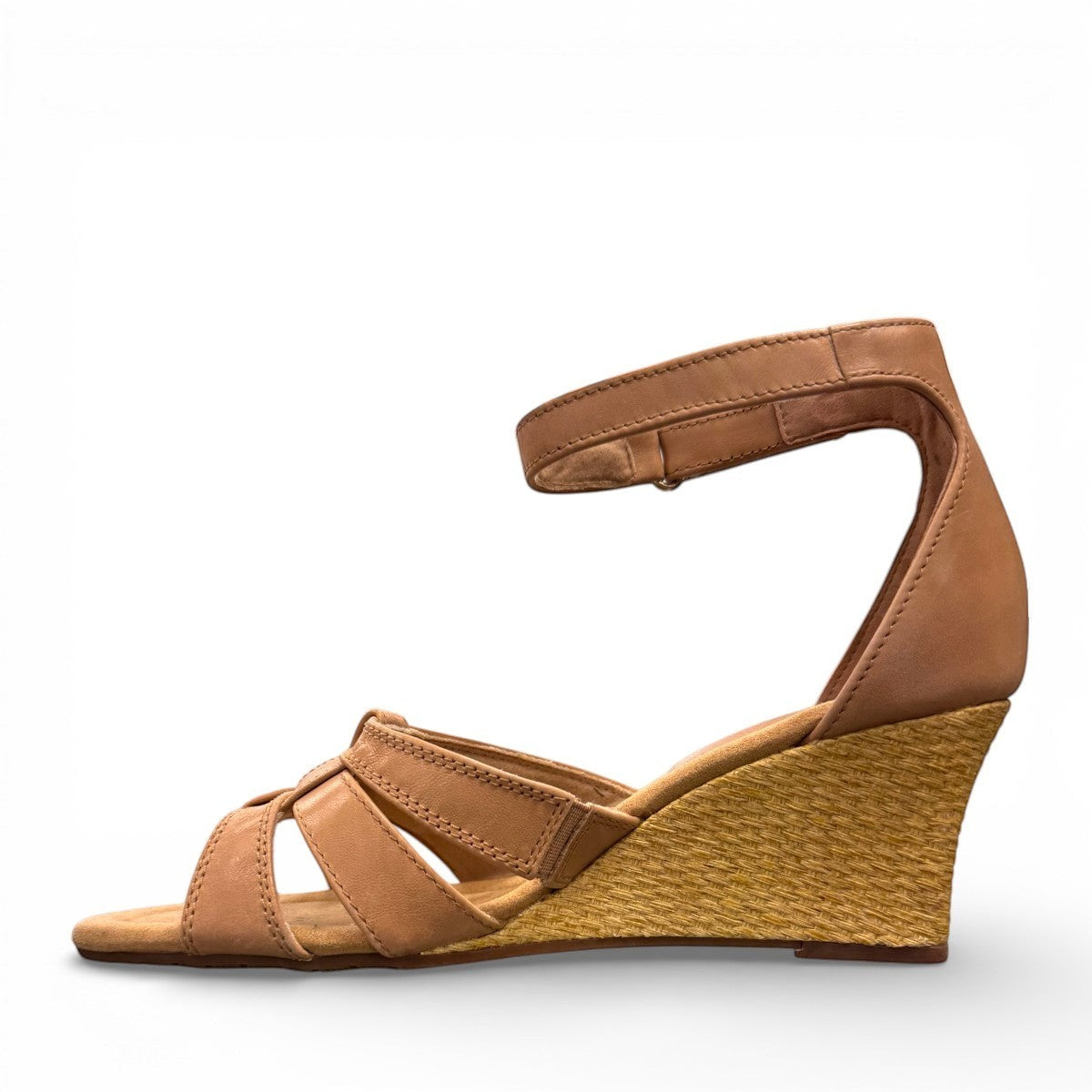 Clarks Kyarra Joy warm beige leather wedge sandal with ankle strap and woven jute heel. left view.