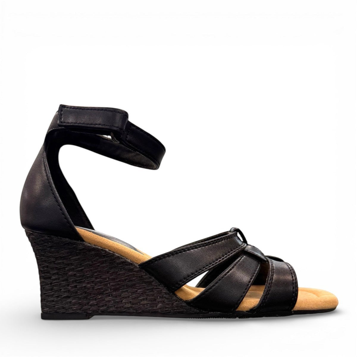 Clarks Kyarra Joy black leather wedge sandals with ankle strap and textured heel. right view.