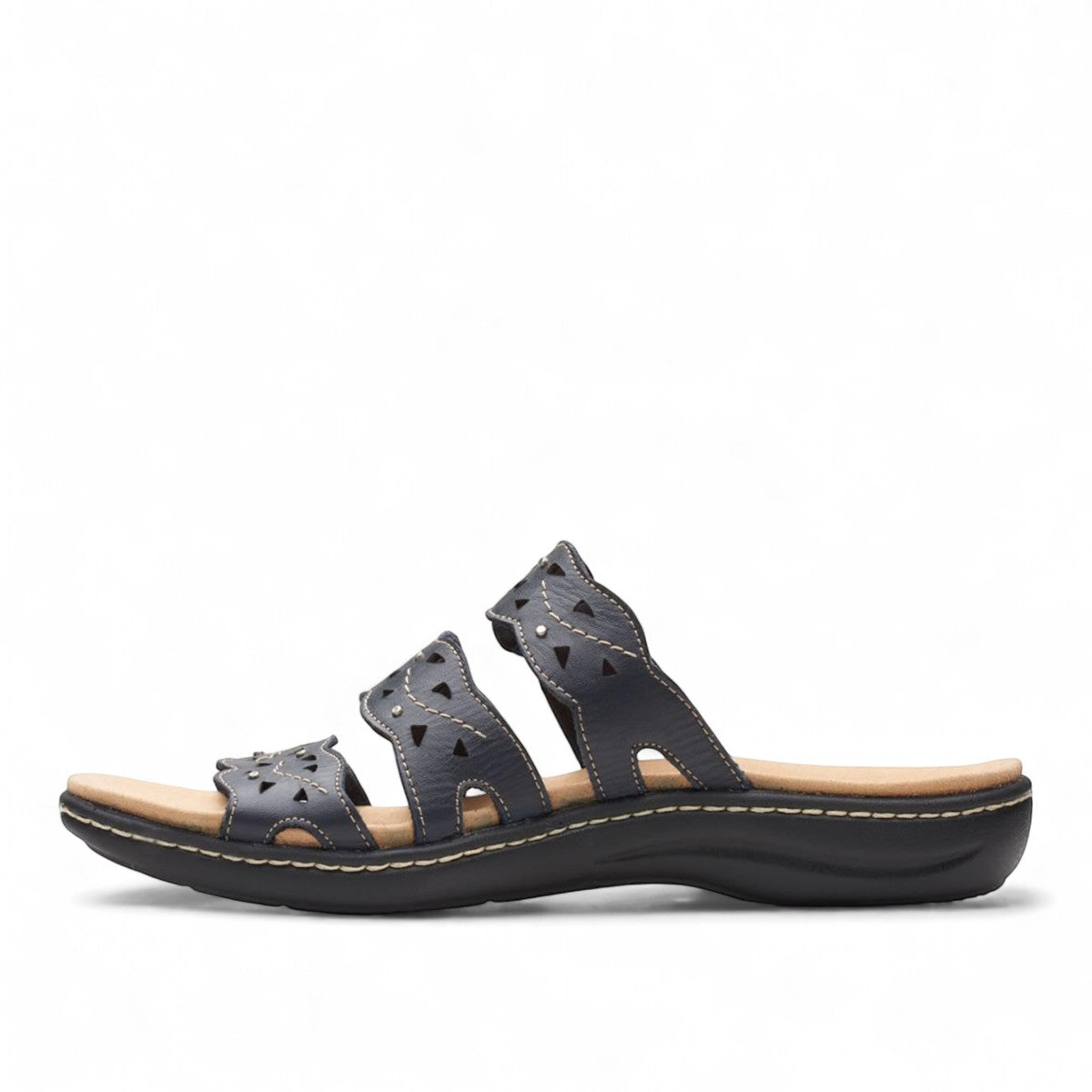 Clarks Laurieann Echo black leather sandals with adjustable velcro straps and cushioned EVA sole. left view.