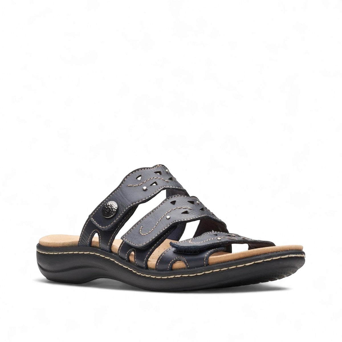 Clarks Laurieann Echo black leather sandals with adjustable velcro straps and cushioned EVA sole. front view.