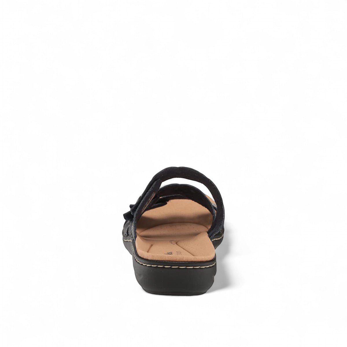 Clarks Laurieann Echo black leather sandals with adjustable velcro straps and cushioned EVA sole. back view.