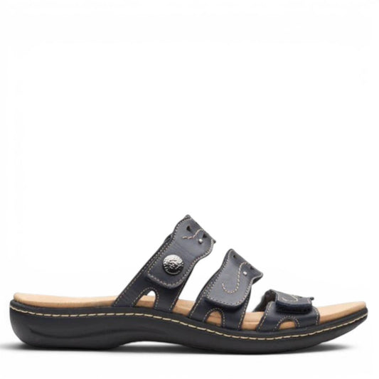 Clarks Laurieann Echo black leather sandals with adjustable velcro straps and cushioned EVA sole. right view.
