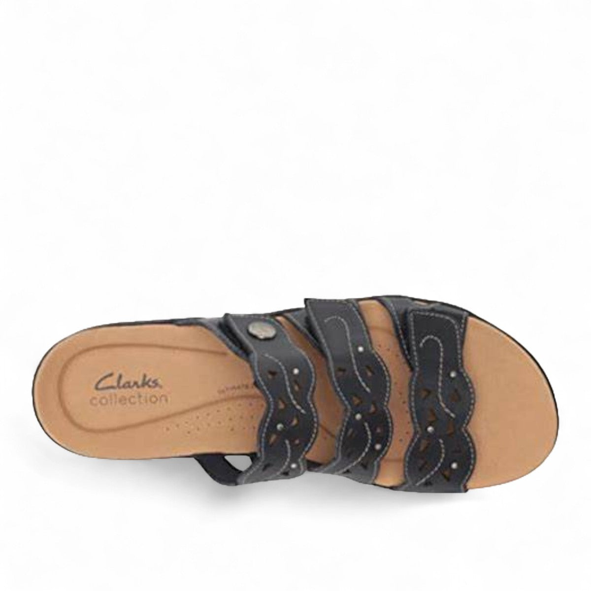 Clarks Laurieann Echo black leather sandals with adjustable velcro straps and cushioned EVA sole. top view.