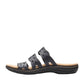 Clarks Laurieann Echo navy leather sandals with adjustable velcro straps and cushioned EVA sole. left view.