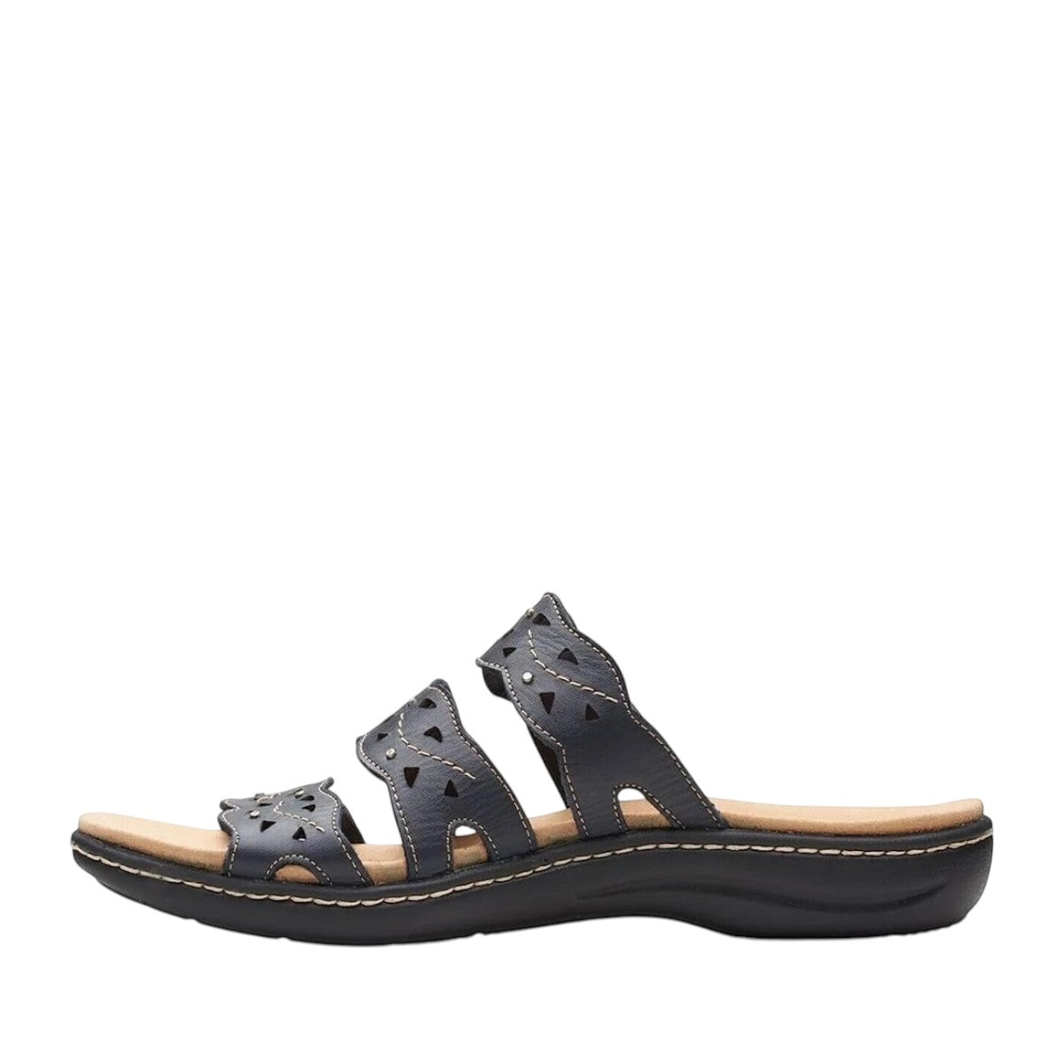 Clarks Laurieann Echo navy leather sandals with adjustable velcro straps and cushioned EVA sole. left view.
