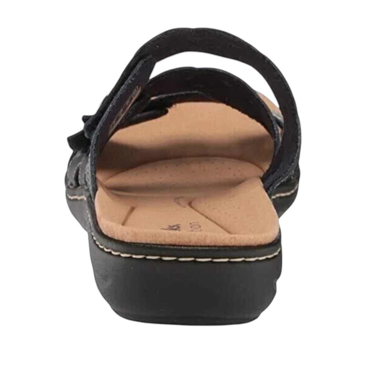 Clarks Laurieann Echo navy leather sandals with adjustable velcro straps and cushioned EVA sole. back view.