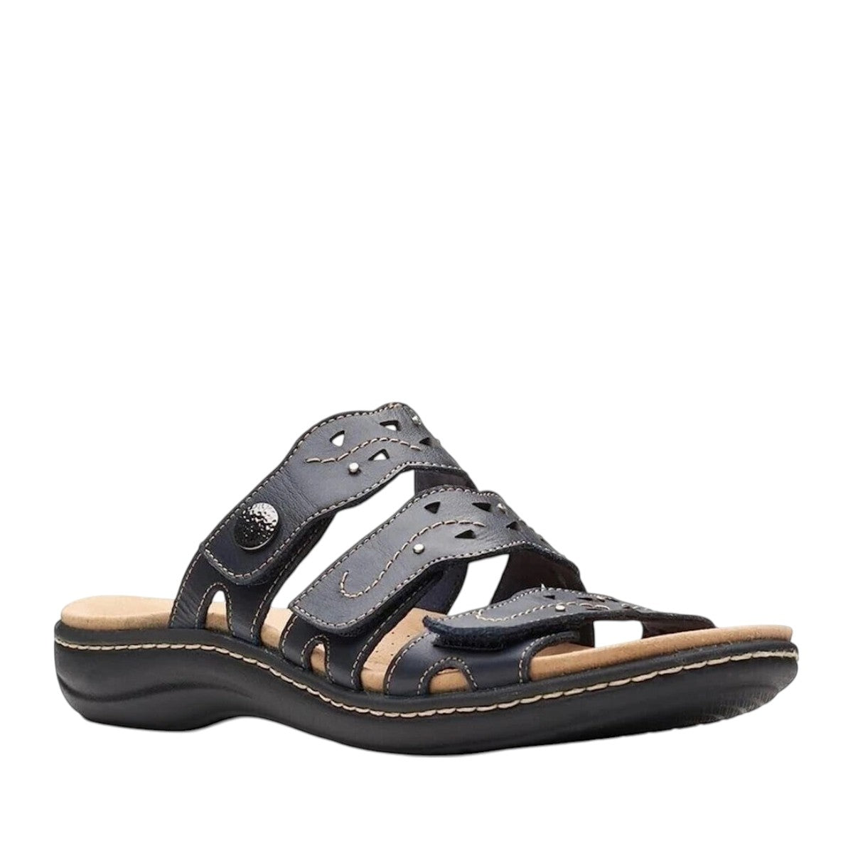 Clarks Laurieann Echo navy leather sandals with adjustable velcro straps and cushioned EVA sole. front view.