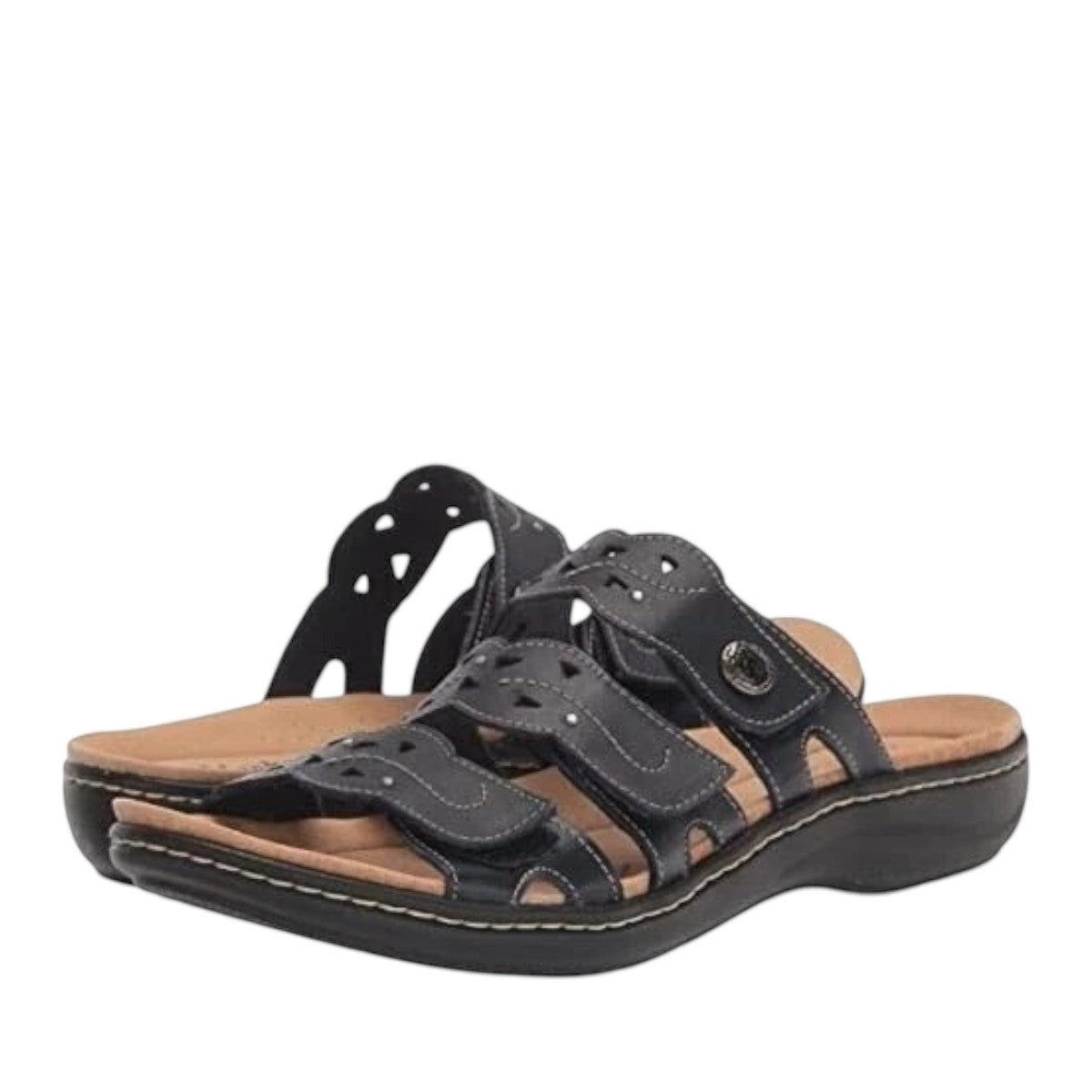 Clarks Laurieann Echo navy leather sandals with adjustable velcro straps and cushioned EVA sole. front  view.