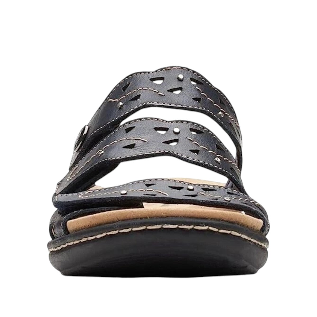 Clarks Laurieann Echo navy leather sandals with adjustable velcro straps and cushioned EVA sole. front view.