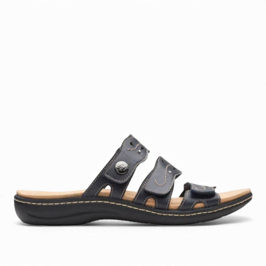 Clarks Laurieann Echo navy leather sandals with adjustable velcro straps and cushioned EVA sole. right view.